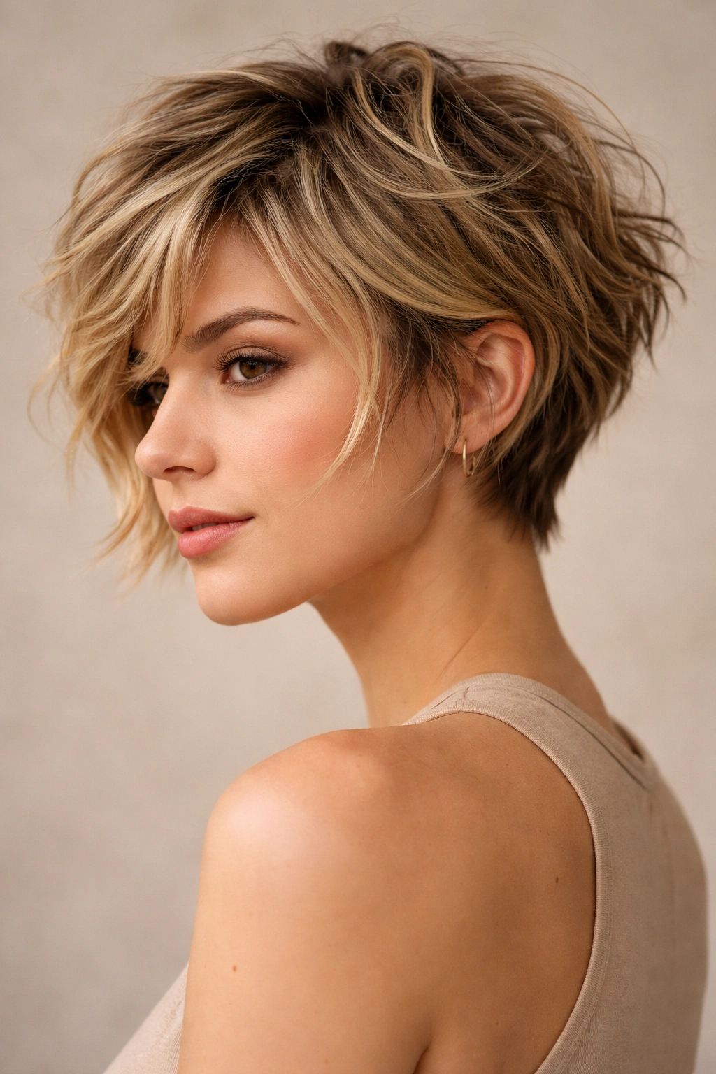Tousled pixie bob hybrid hairstyle with longer top and shorter back.
