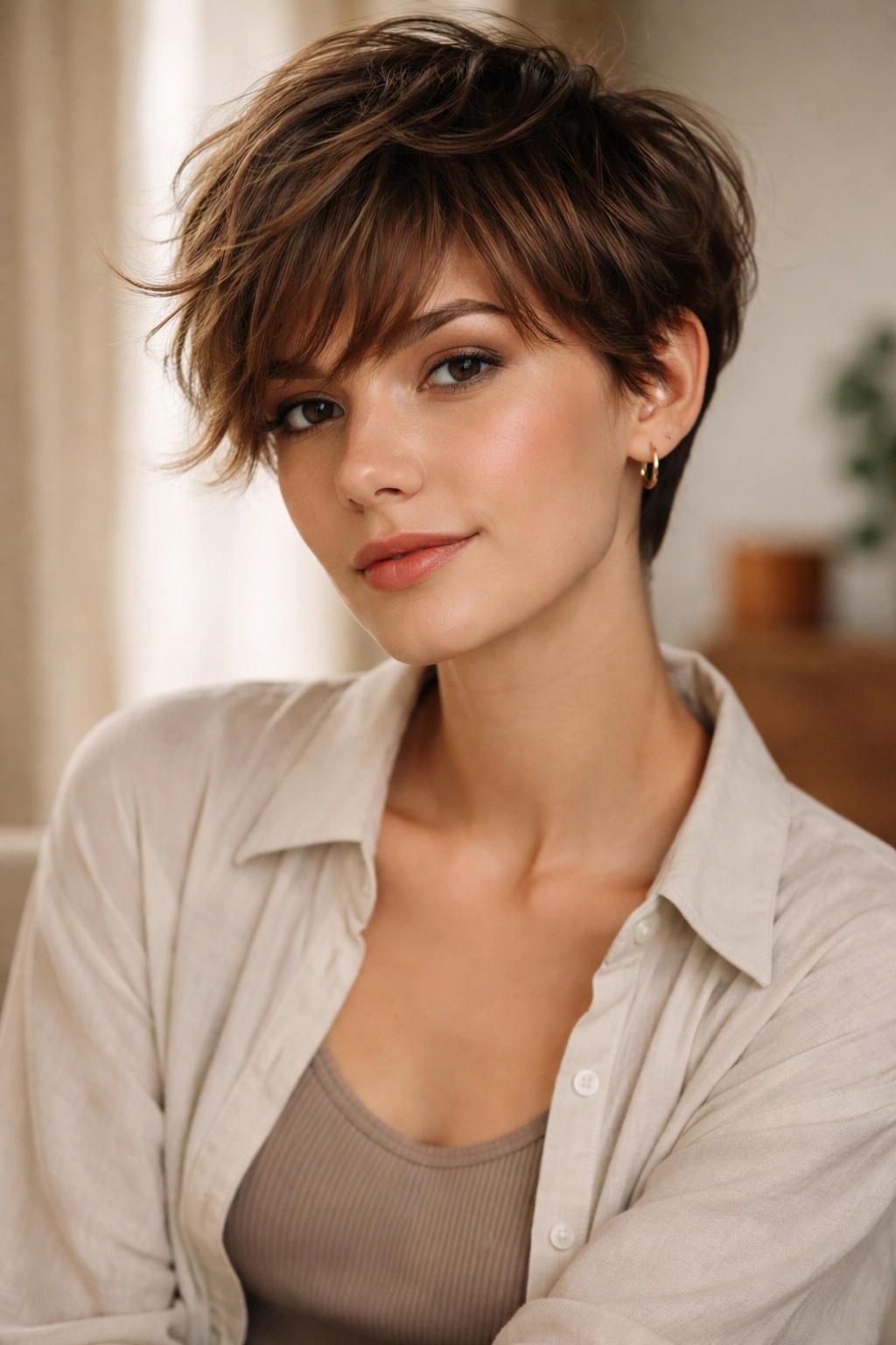 Portrait of a person with a tousled pixie and wispy bangs in warm light