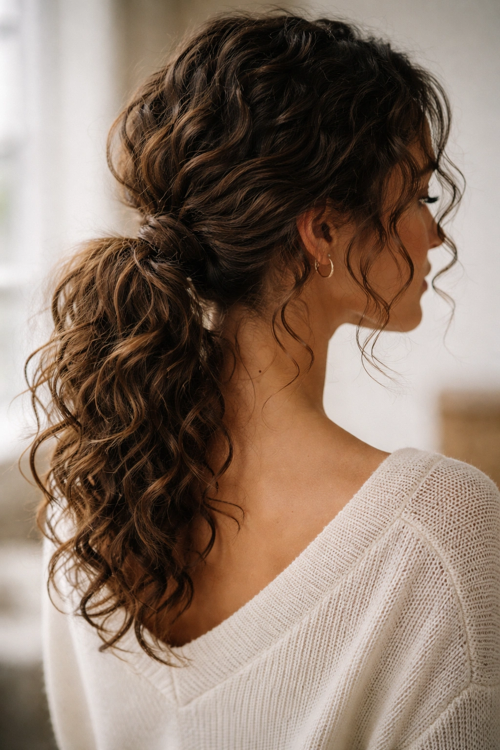 Tousled romantic ponytail with undone curls at the nape