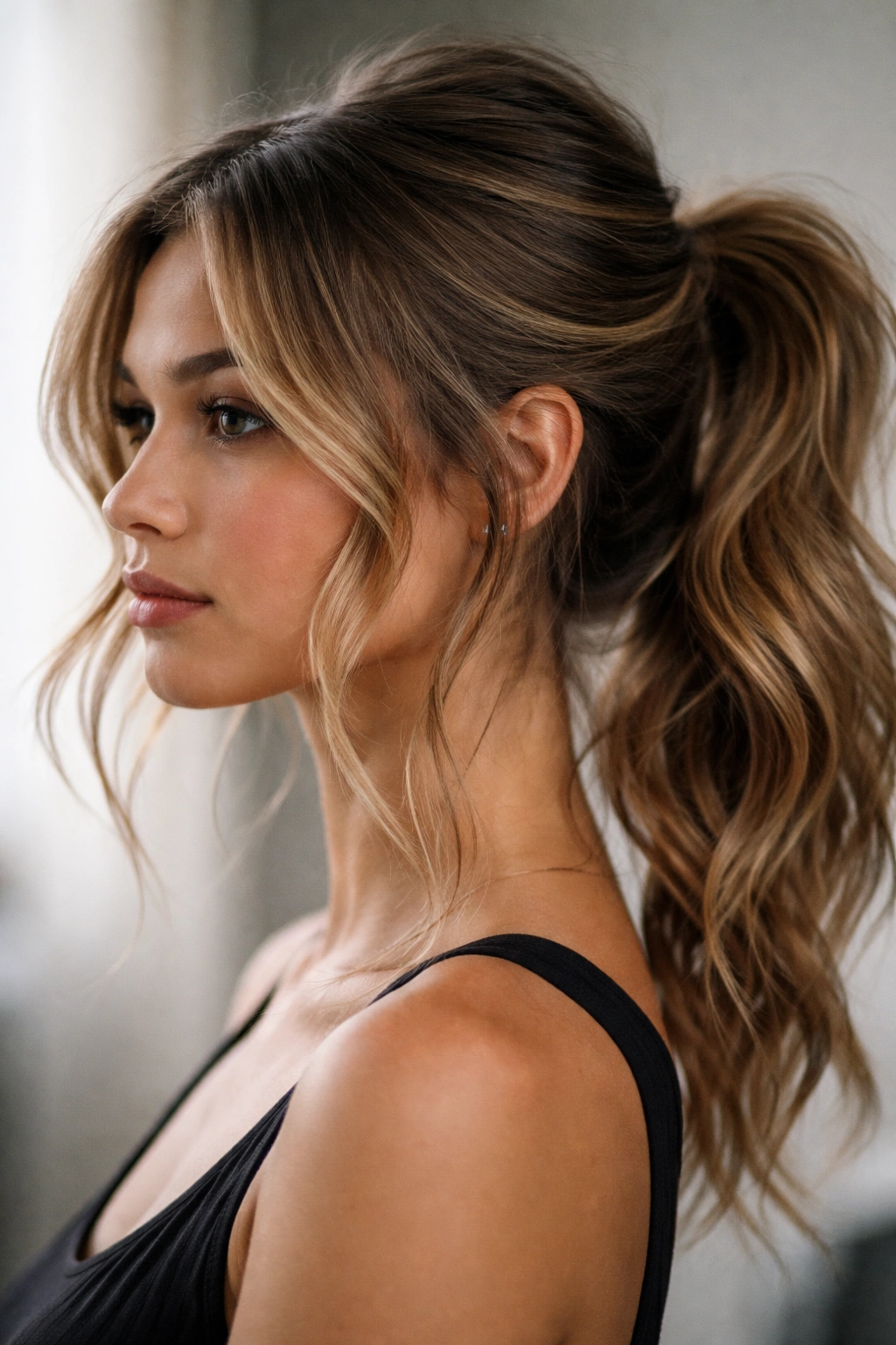Tousled ponytail with piece-out sections near temples