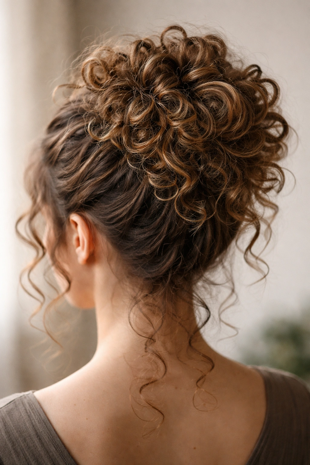 Tousled ringlet bun with clearly separated curls around a bun