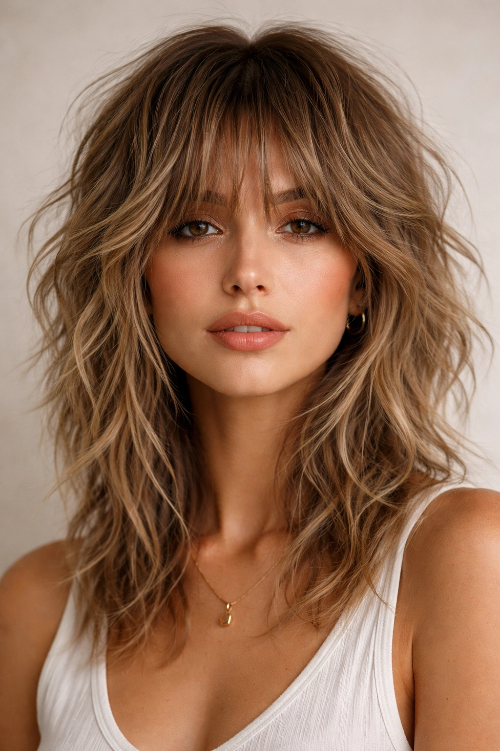 Head-on view of a tousled textured shag with a long fringe showing multiple layers