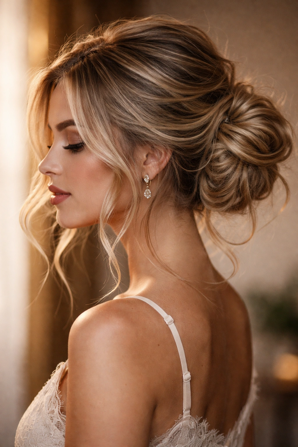 Tousled side bun with extensions and loose strands