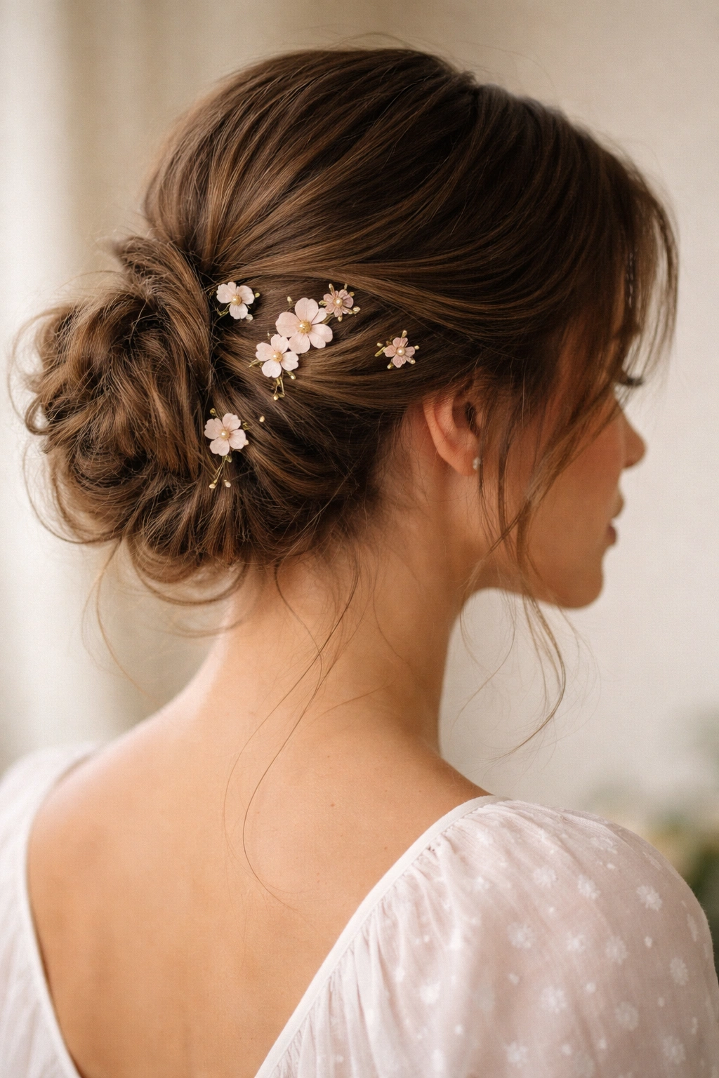 Close-up of tousled side bun with floral pins along the bun