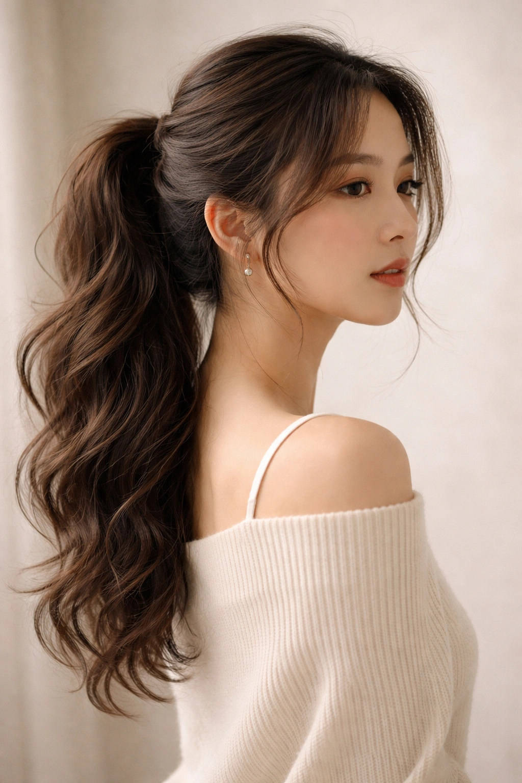 Ponytail with intentional tousled texture and loose waves