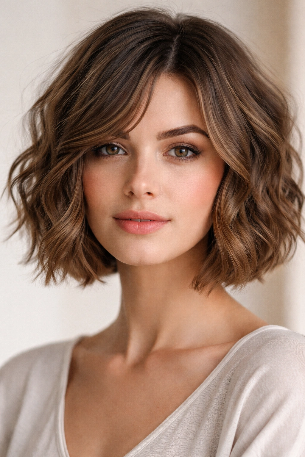Chin-length tousled wave bob framing the face