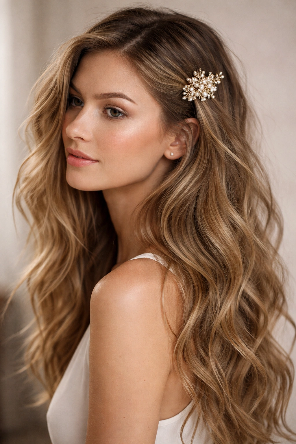 Long tousled waves with decorative hair accessory on the side