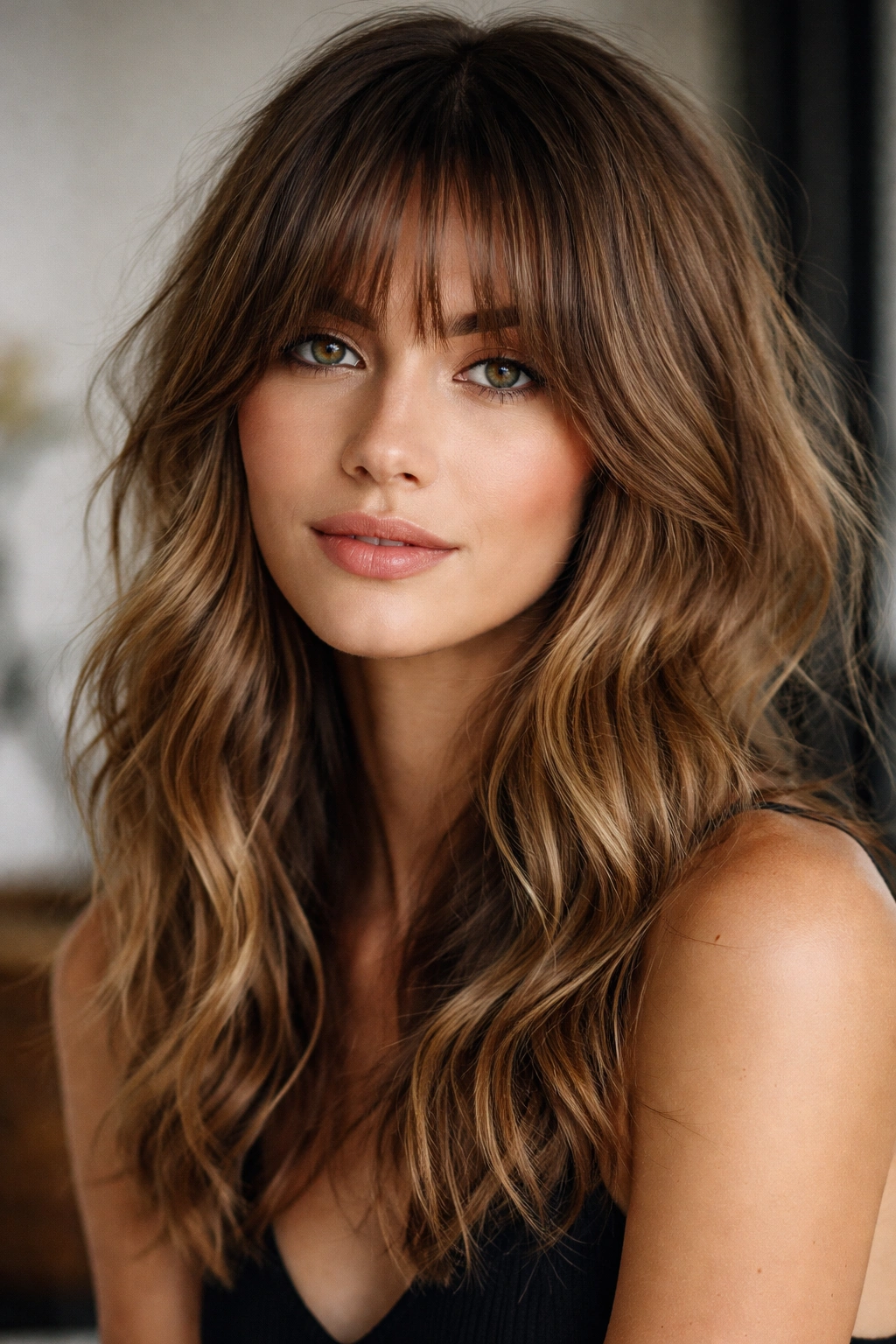 Portrait of a person with tousled waves and blunt curtain bangs