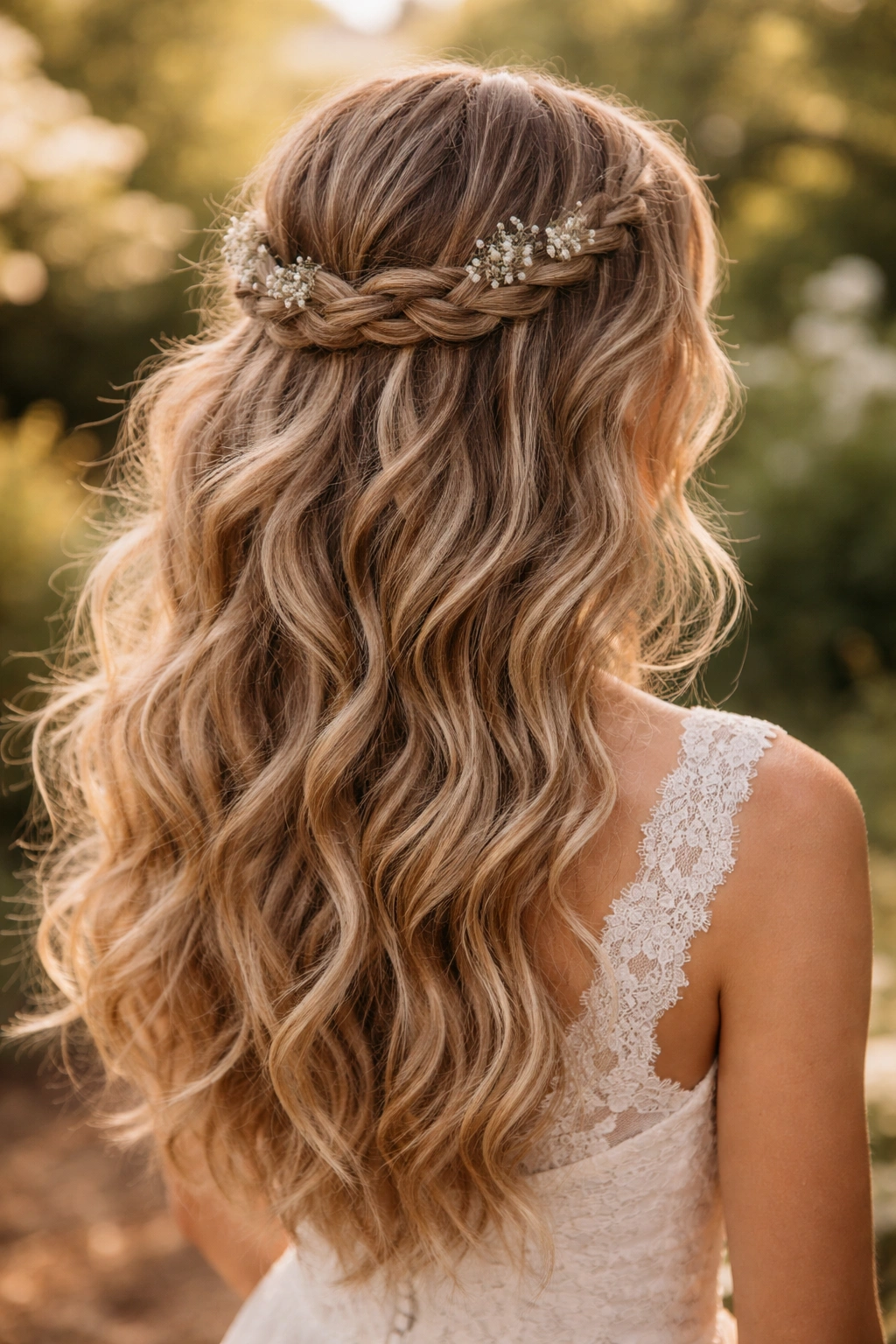 Tousled waves with a braided crown for a boho wedding look