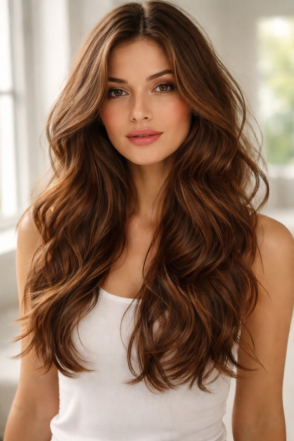 Portrait of long chestnut hair with tousled everyday waves