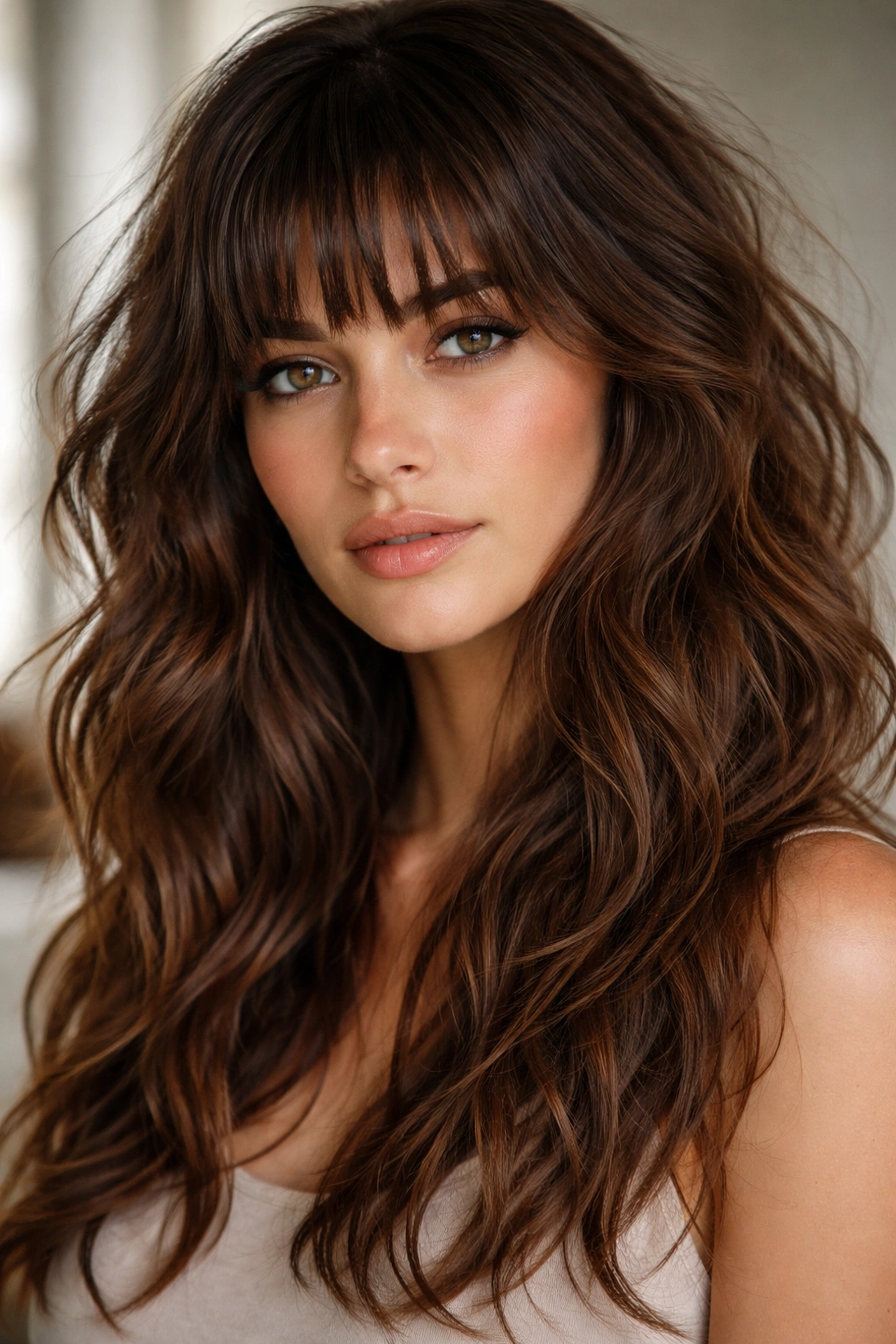 Wavy brown hair with short choppy bangs and tousled texture