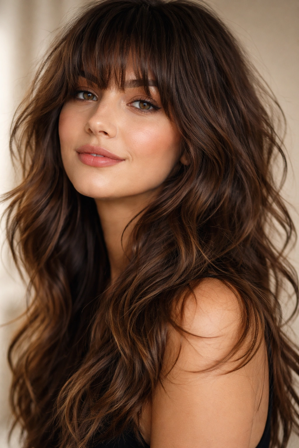 Close-up of tousled waves with choppy bangs showing texture and movement on a round face