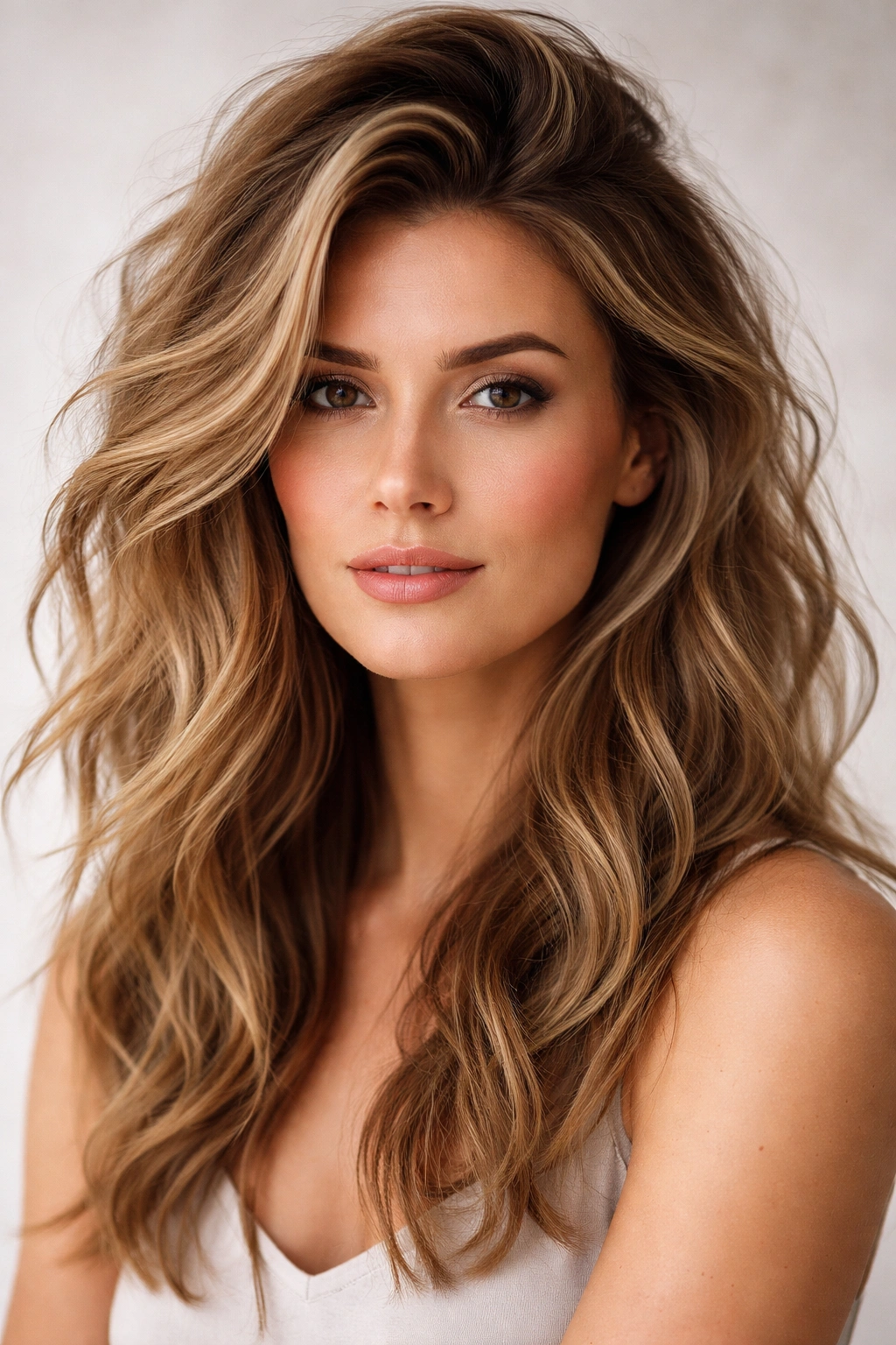 Tousled waves with crown volume elongating the face for square-faced profiles