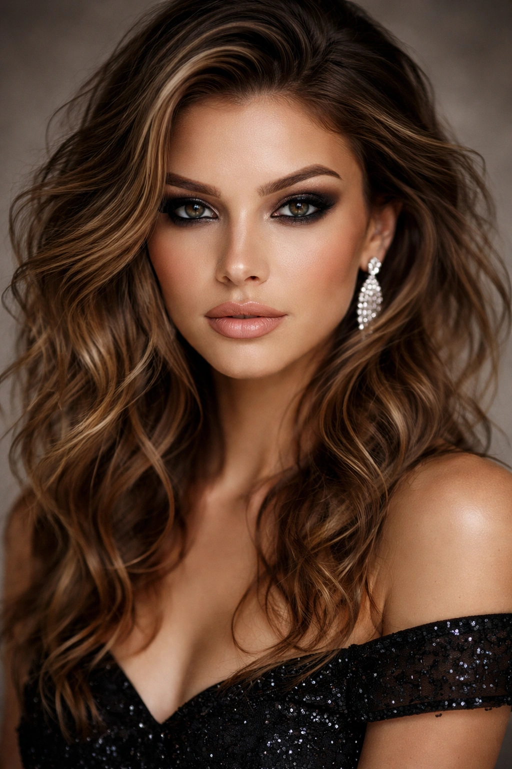 Frontal portrait with tousled waves and bold makeup