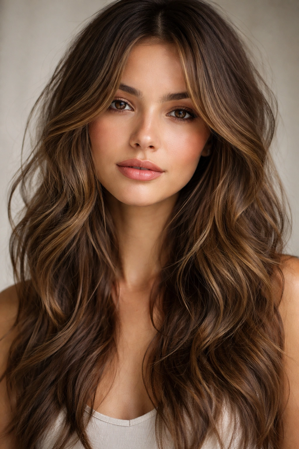 Close-up portrait of long tousled waves with face-framing shorter pieces highlighting texture