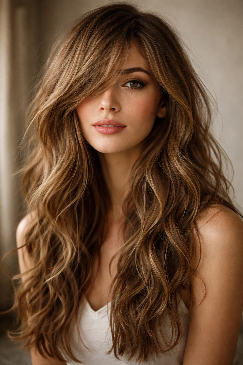 Casual tousled waves with feathered side bangs in moody lighting