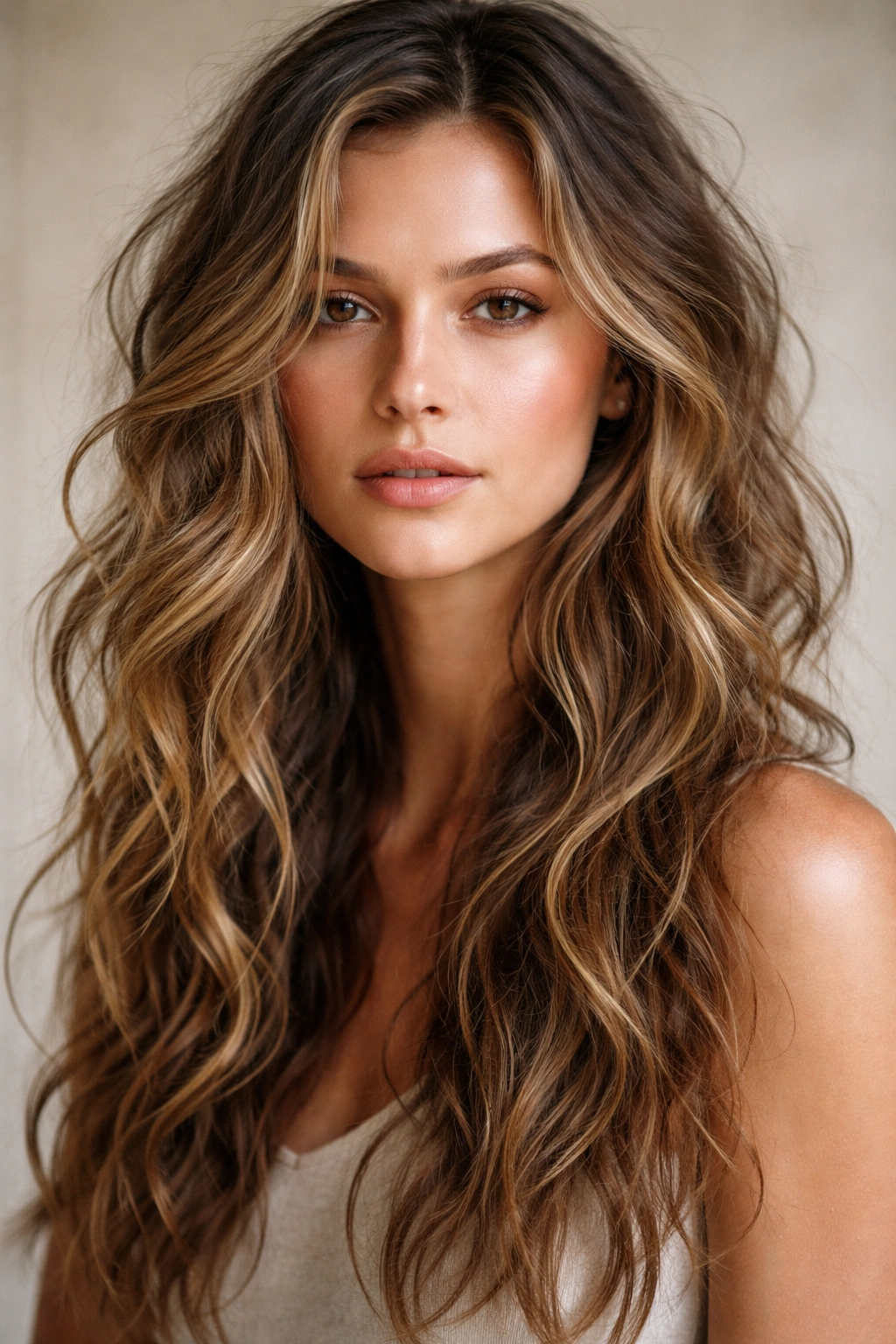 Portrait of a model with tousled, imperfect waves showing varied texture