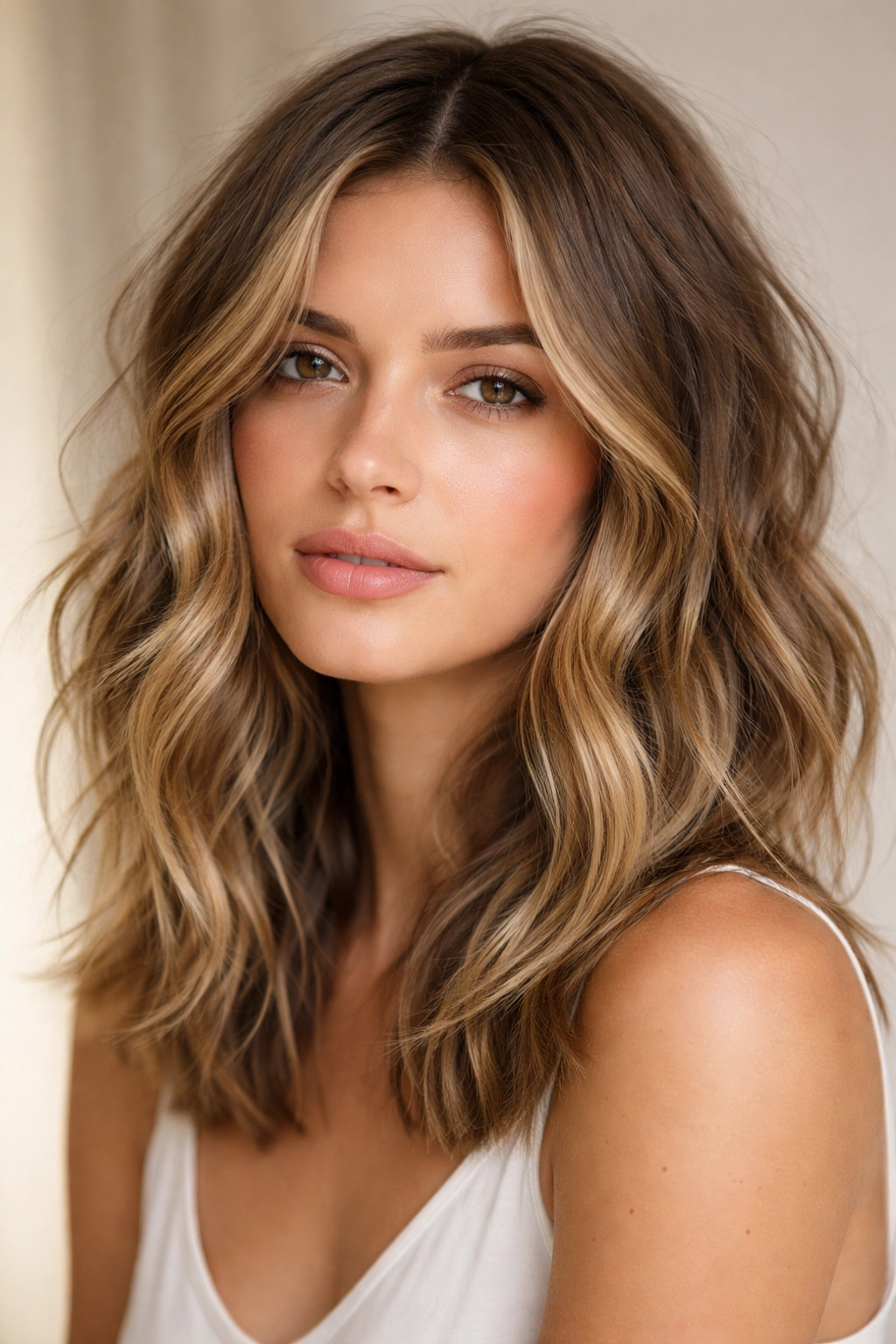 Shoulder-length tousled texture waves with natural movement and shine