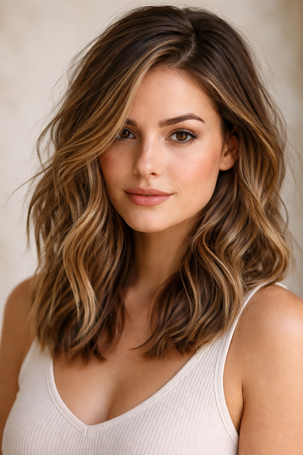 Close-up of shoulder-length tousled waves with a deep side part on a neutral background