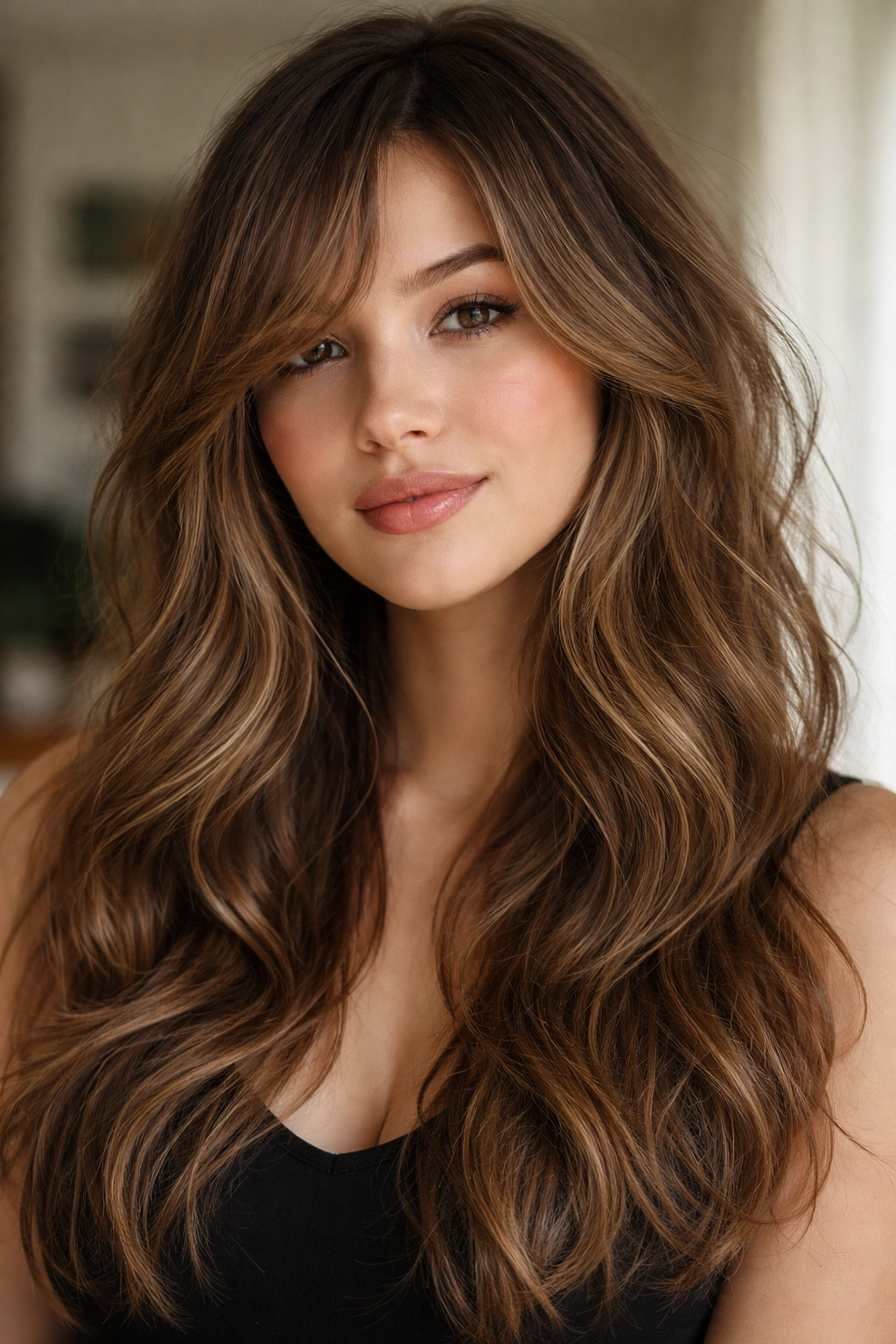 Tousled waves with side-swept curtain bangs creating asymmetry