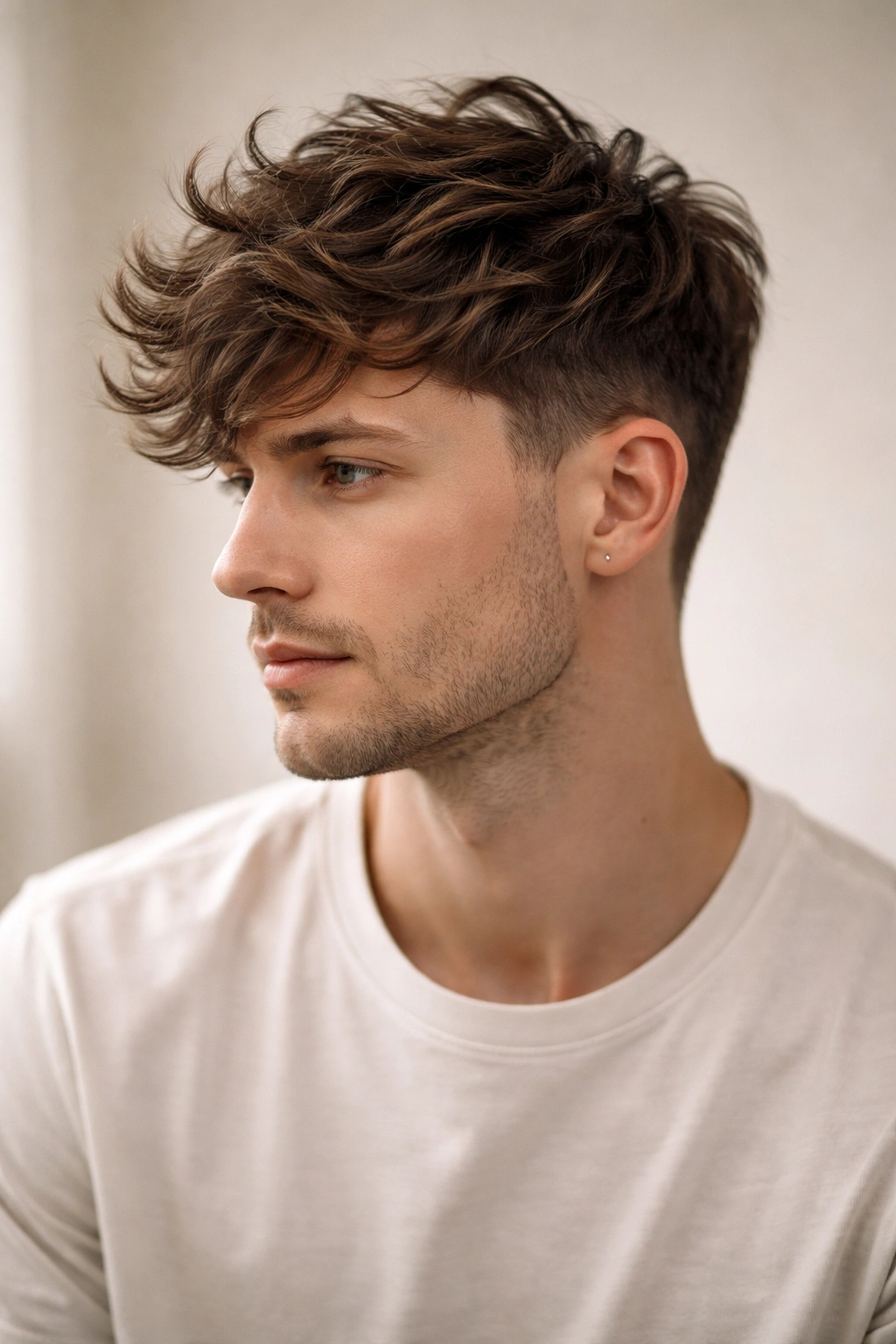 Model with tousled waves on top and tapered sides, showcasing texture and shape.