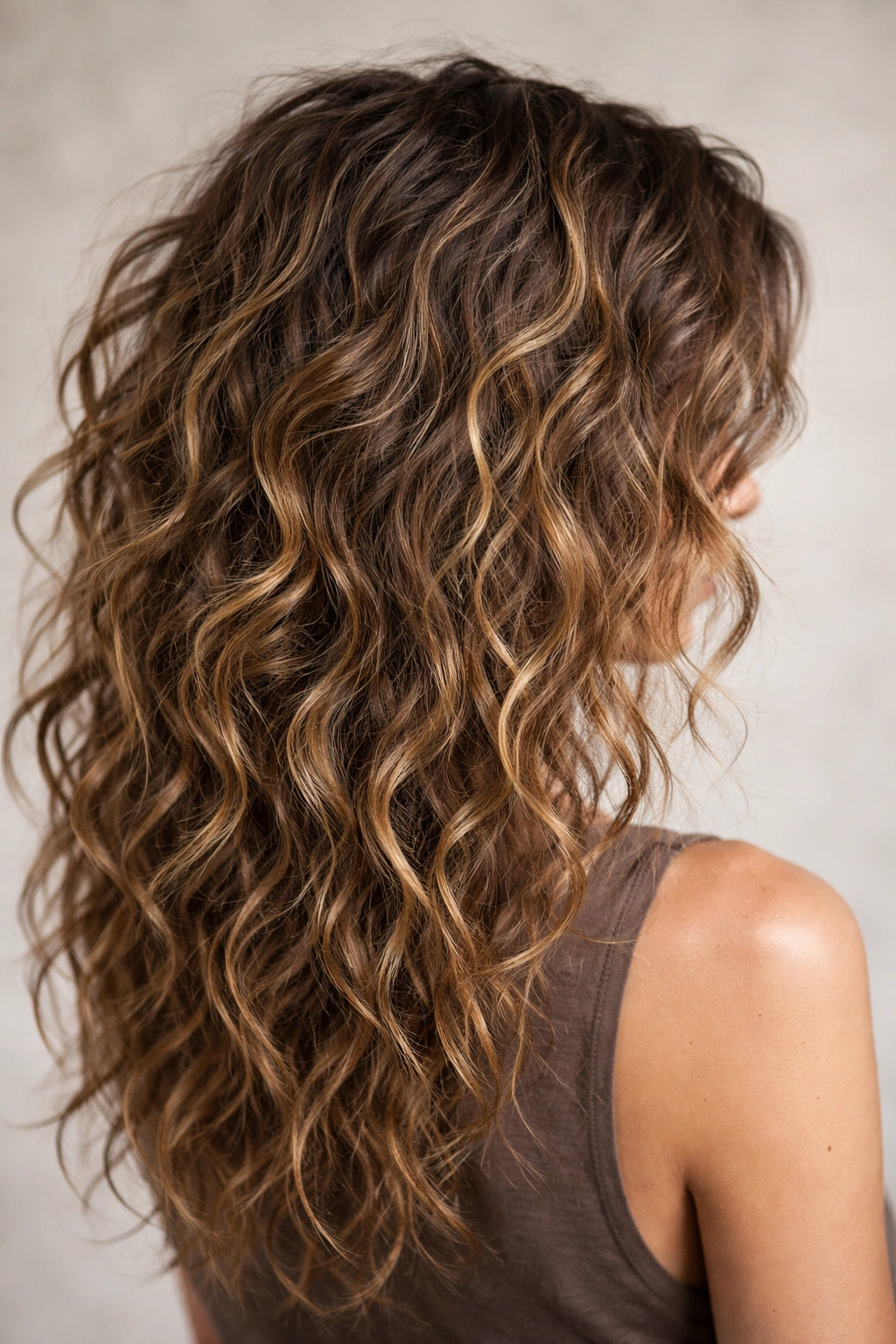 Close-up of curly hair with intentionally tousled waves and textured, matte finish from spray.