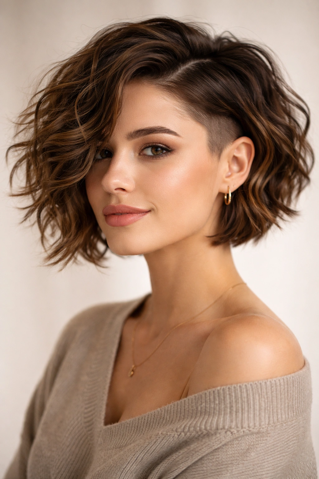 Tousled wavy bob with subtle undercut and undone waves.