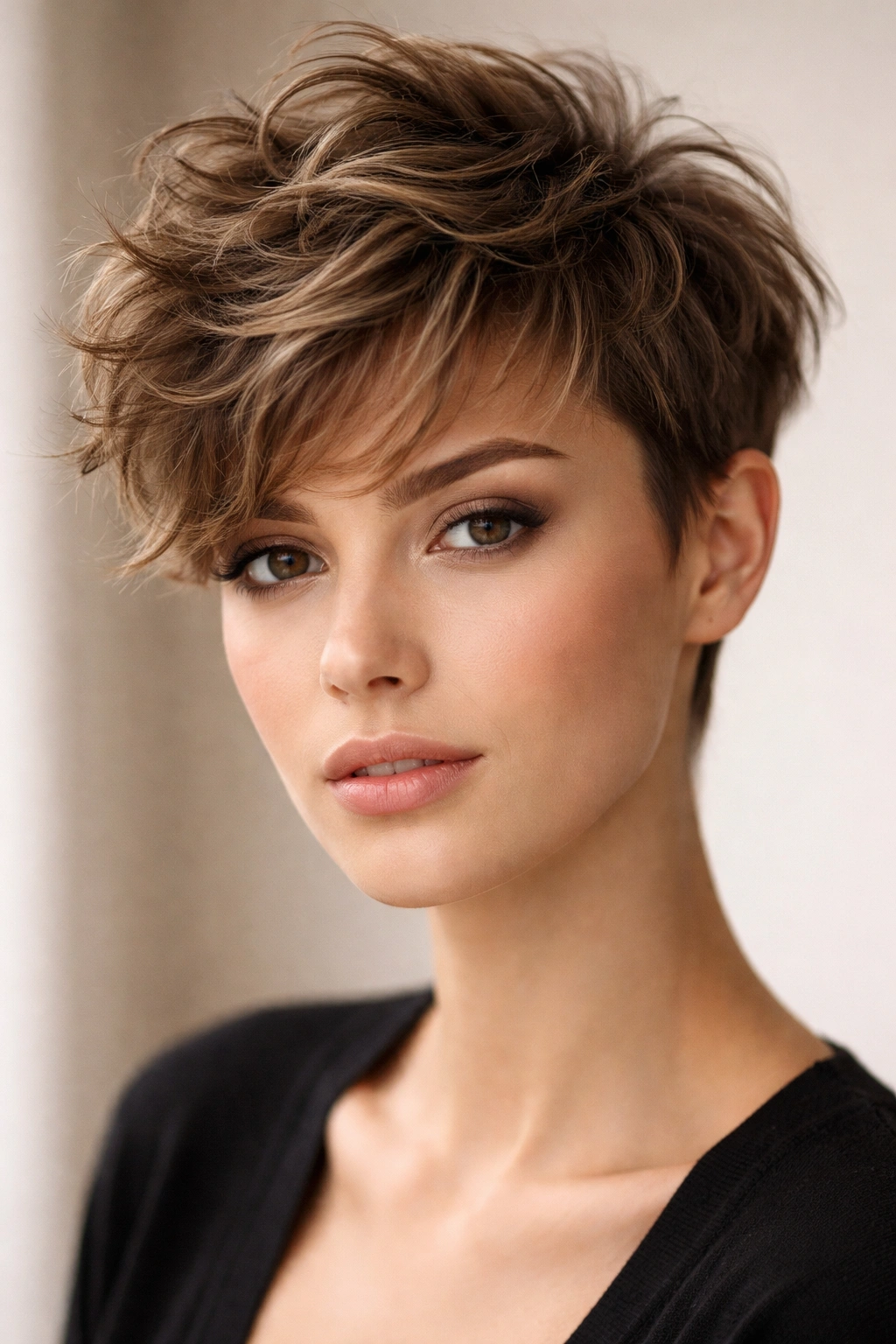 Close-up of a model's crown-volume tousled wavy crop with short sides and textured waves