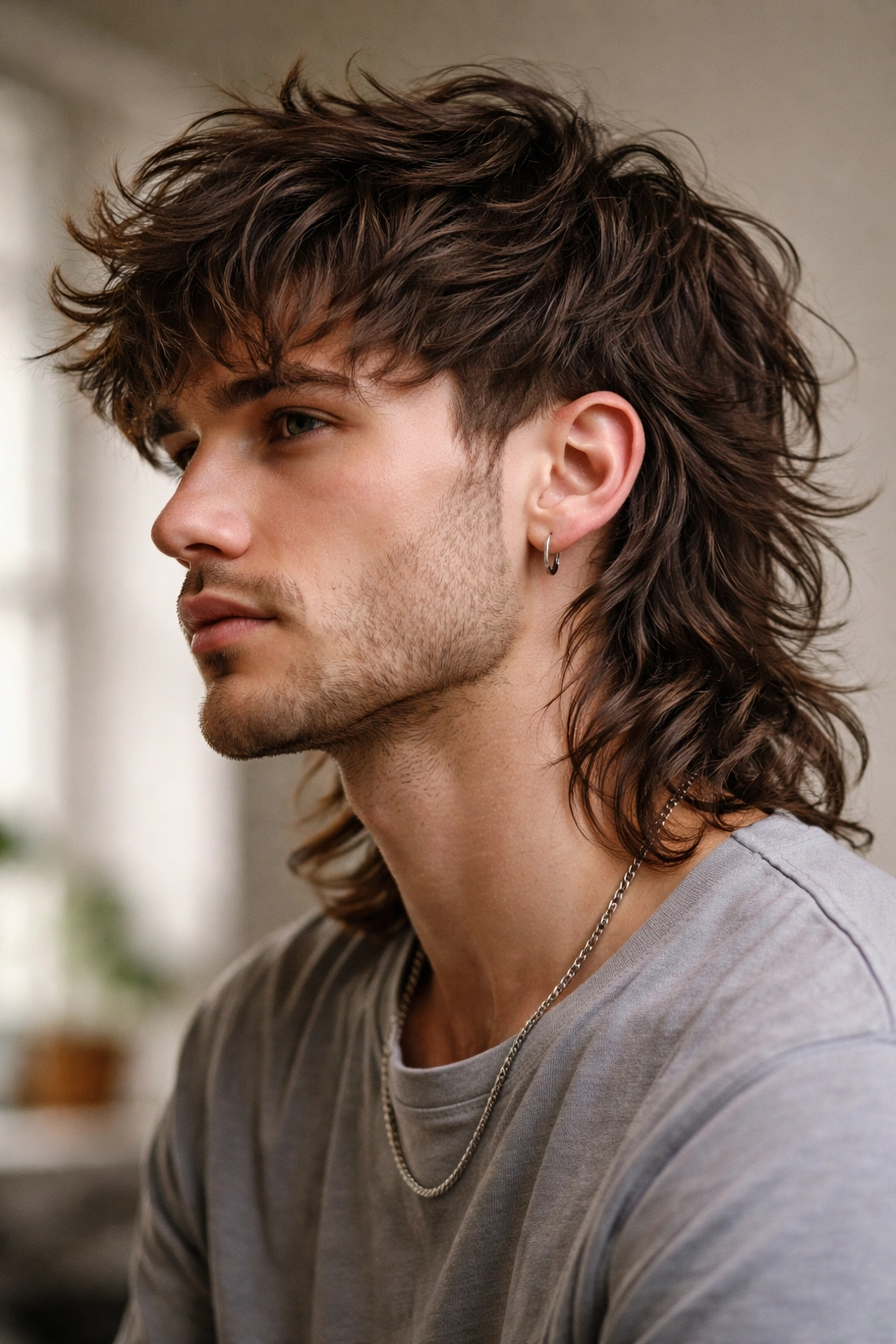 Head-and-shoulders portrait of tousled wavy mullet with textured layers