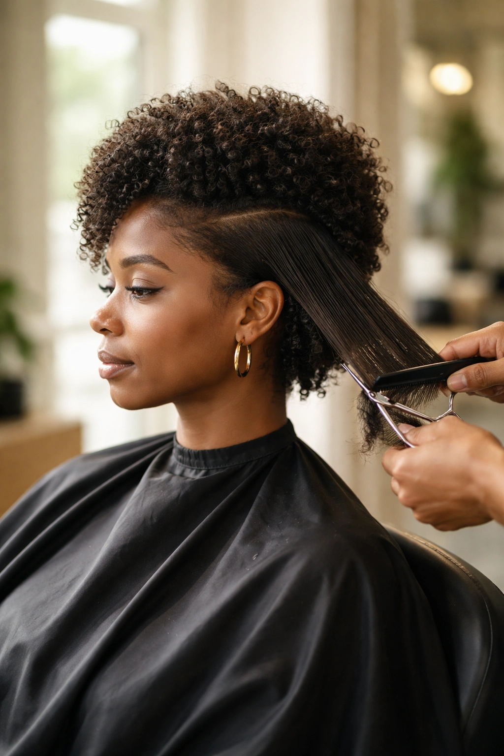 Salon scene showing transition to natural hair with trimming relaxed ends and emerging curls.