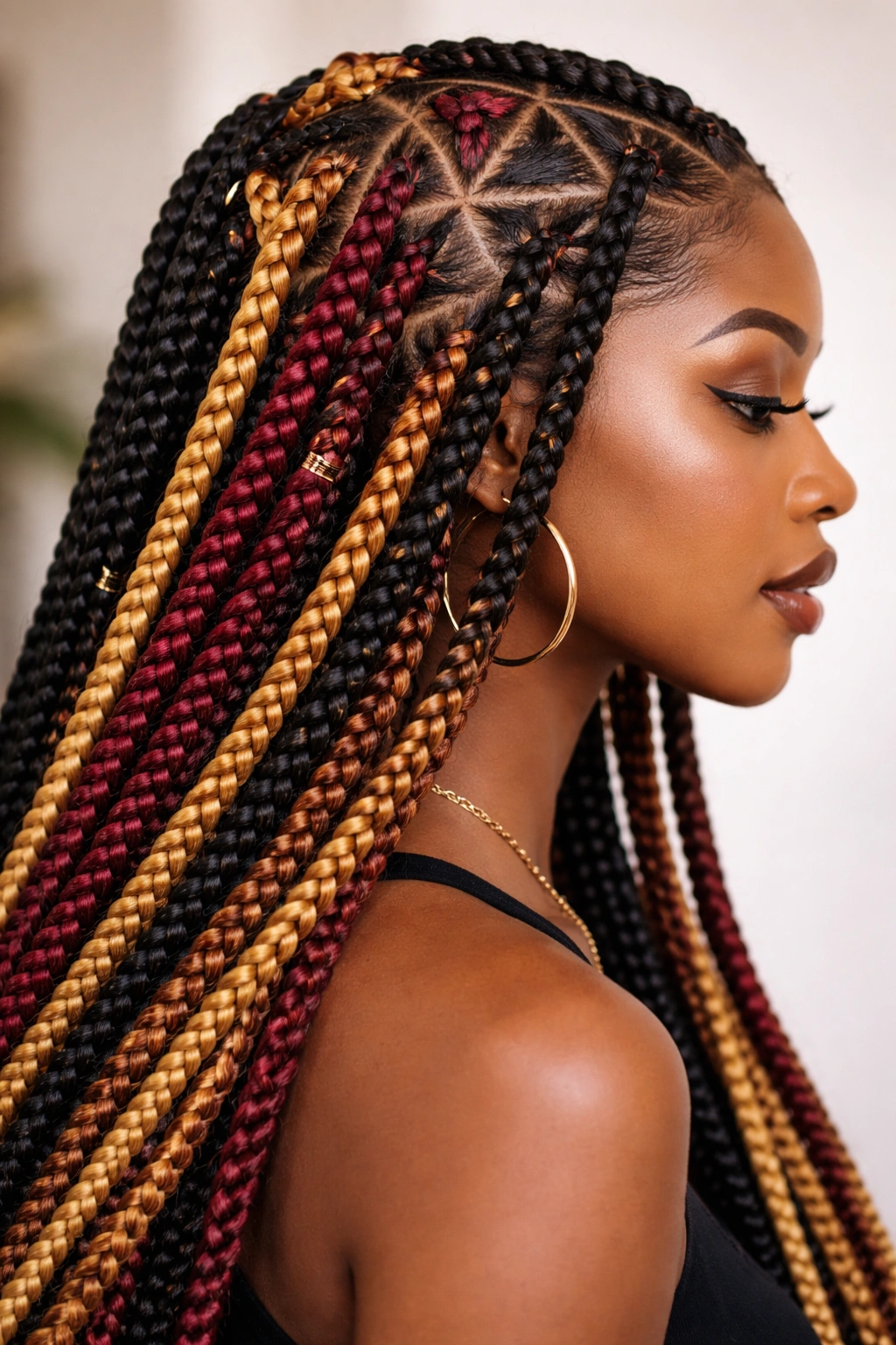 Triangle-parted box braids in color blocks along the scalp.