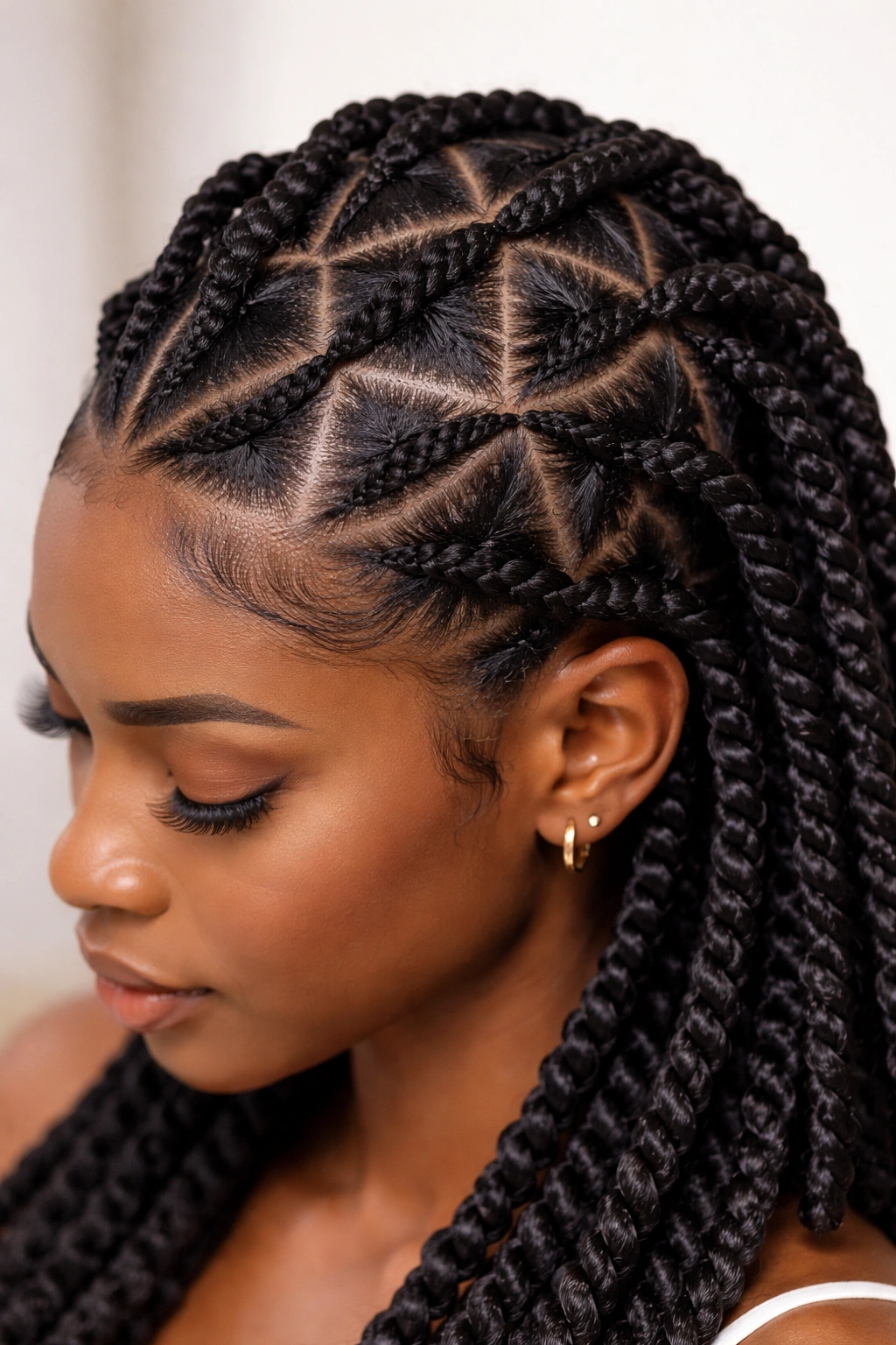 Top view of triangular twists forming a geometric scalp pattern