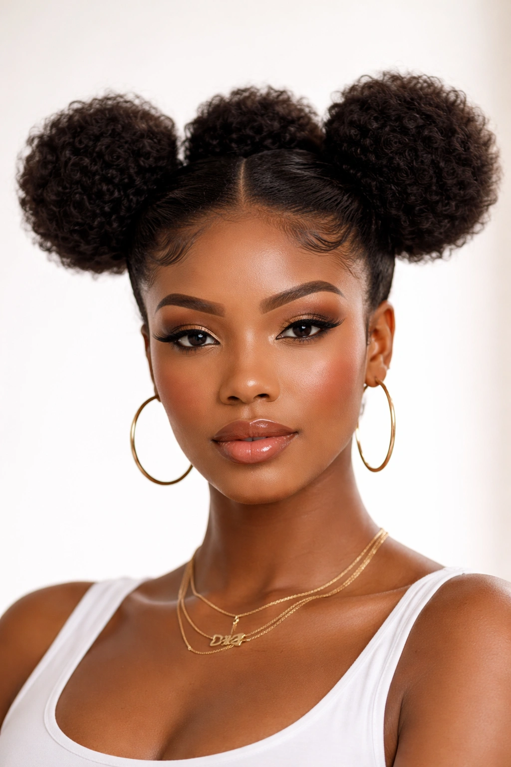 Three space buns across the crown on Afro hair.