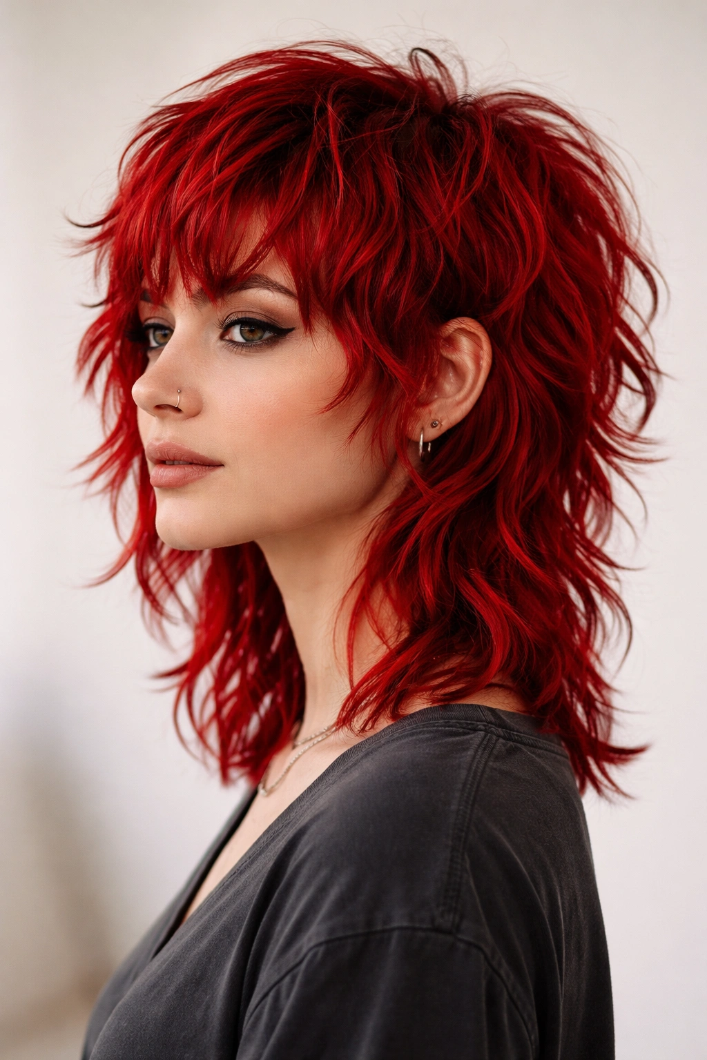 Portrait of a person with a true red wavy wolf cut, short top layers and longer underneath pieces