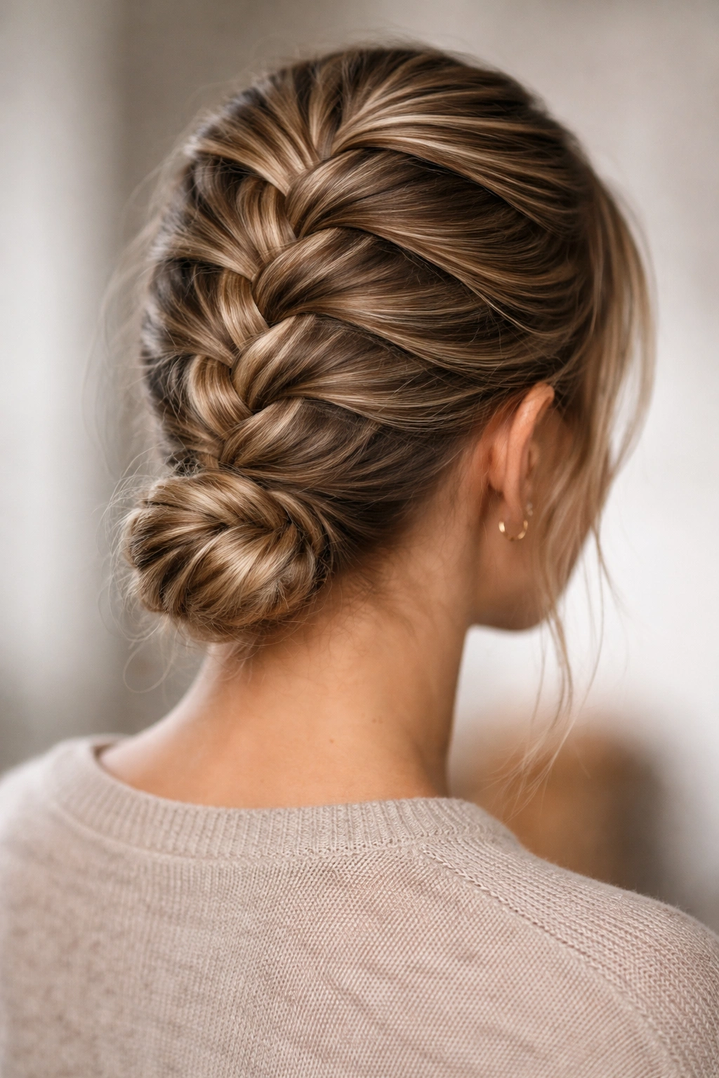 Dutch/French braid down to a small tucked bun at the nape
