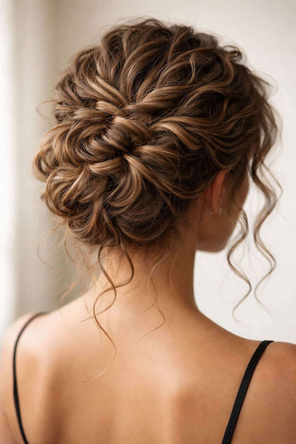 Back view of a sculpted tucked and pinned curly updo forming a rounded crown.