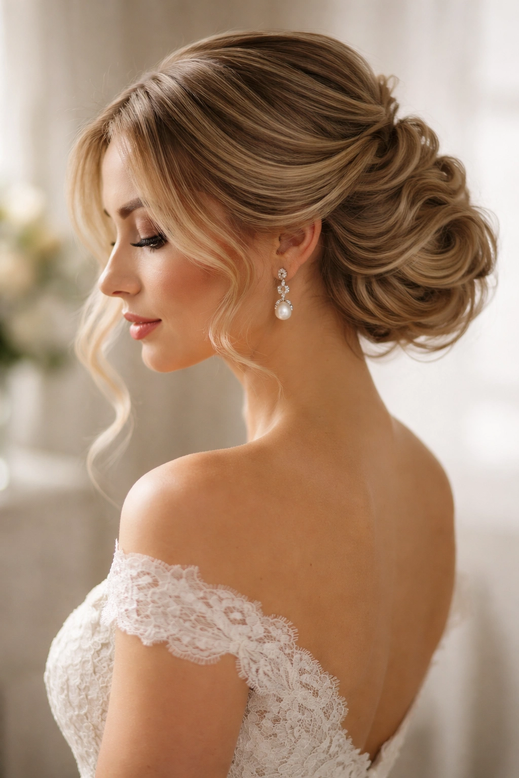 Tucked side updo with side-swept waves