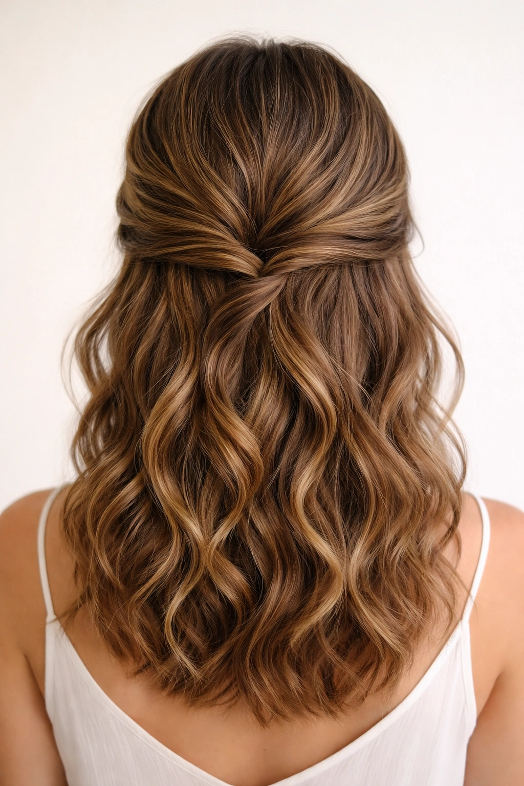 Back view of tucked and twisted updo with twists tucked under for a seamless half-up look