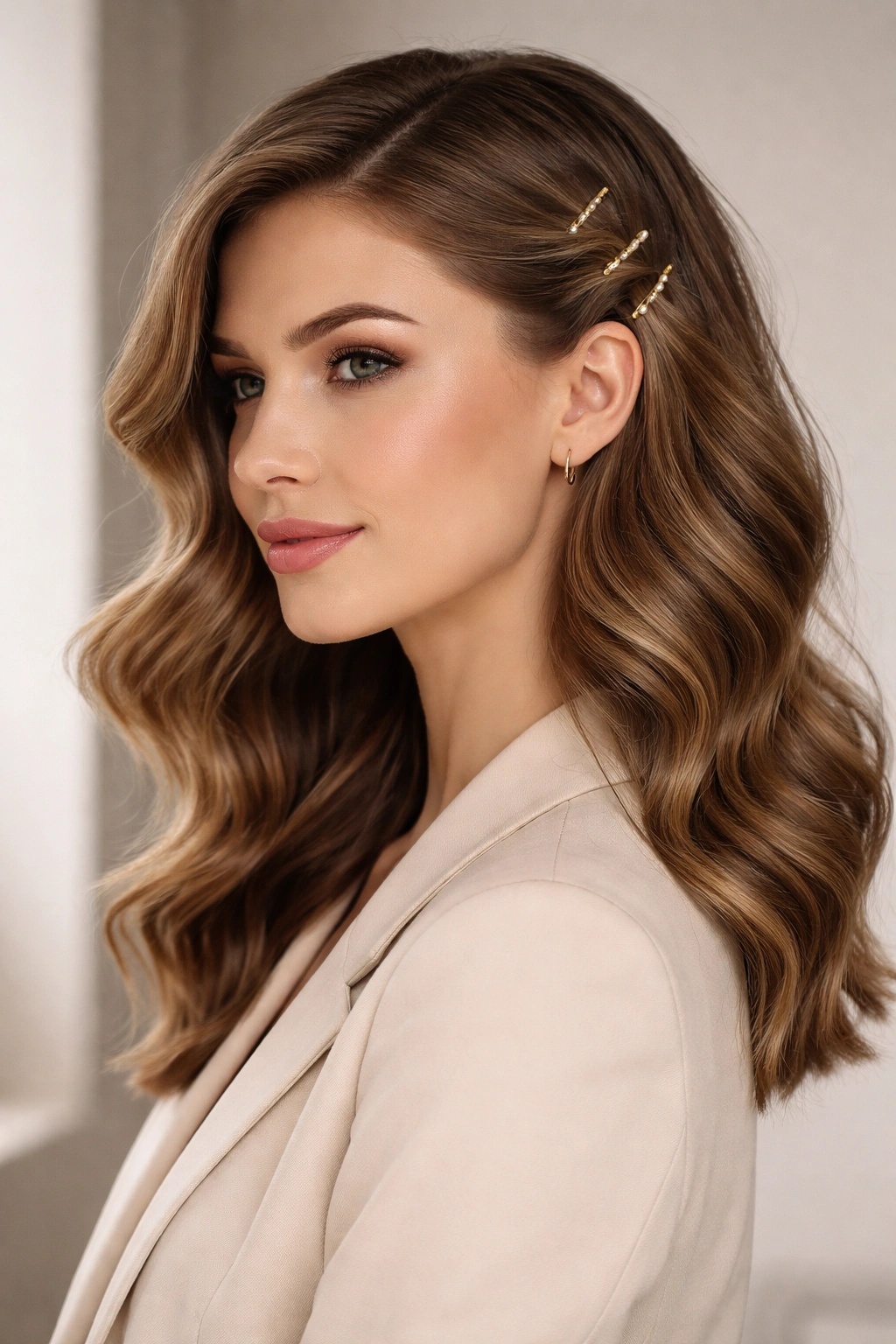 Close-up of tucked waves with strategic clips in a polished professional hairstyle