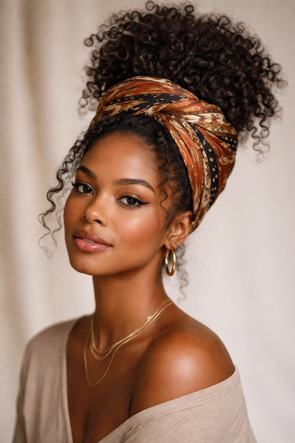 Portrait of a person with a turban-styled topknot created by wrapping a bandana around a loose knot