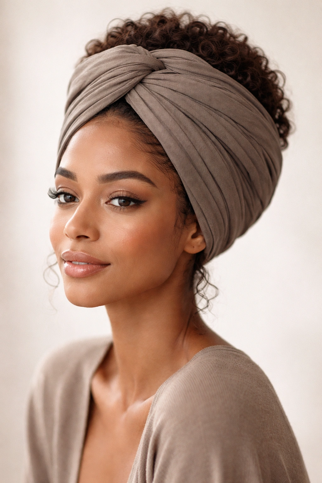 Frizz-controlling turban-wrapped curly hair forming crown silhouette