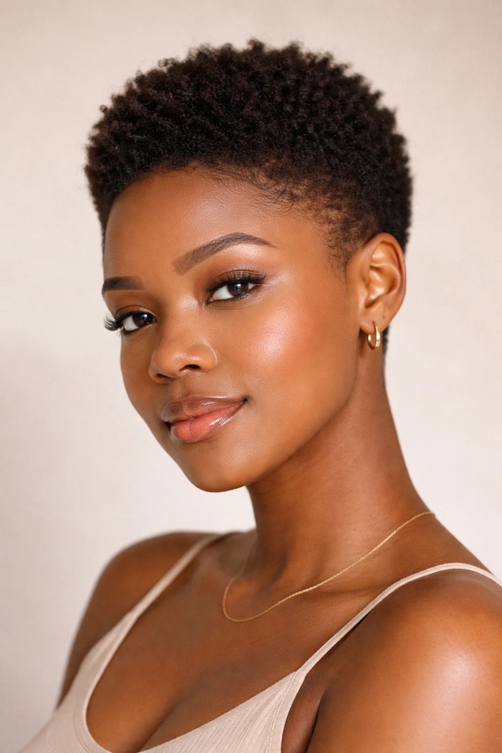 Close-up portrait of a person with a TWA hairstyle featuring an elevated crown on a round face