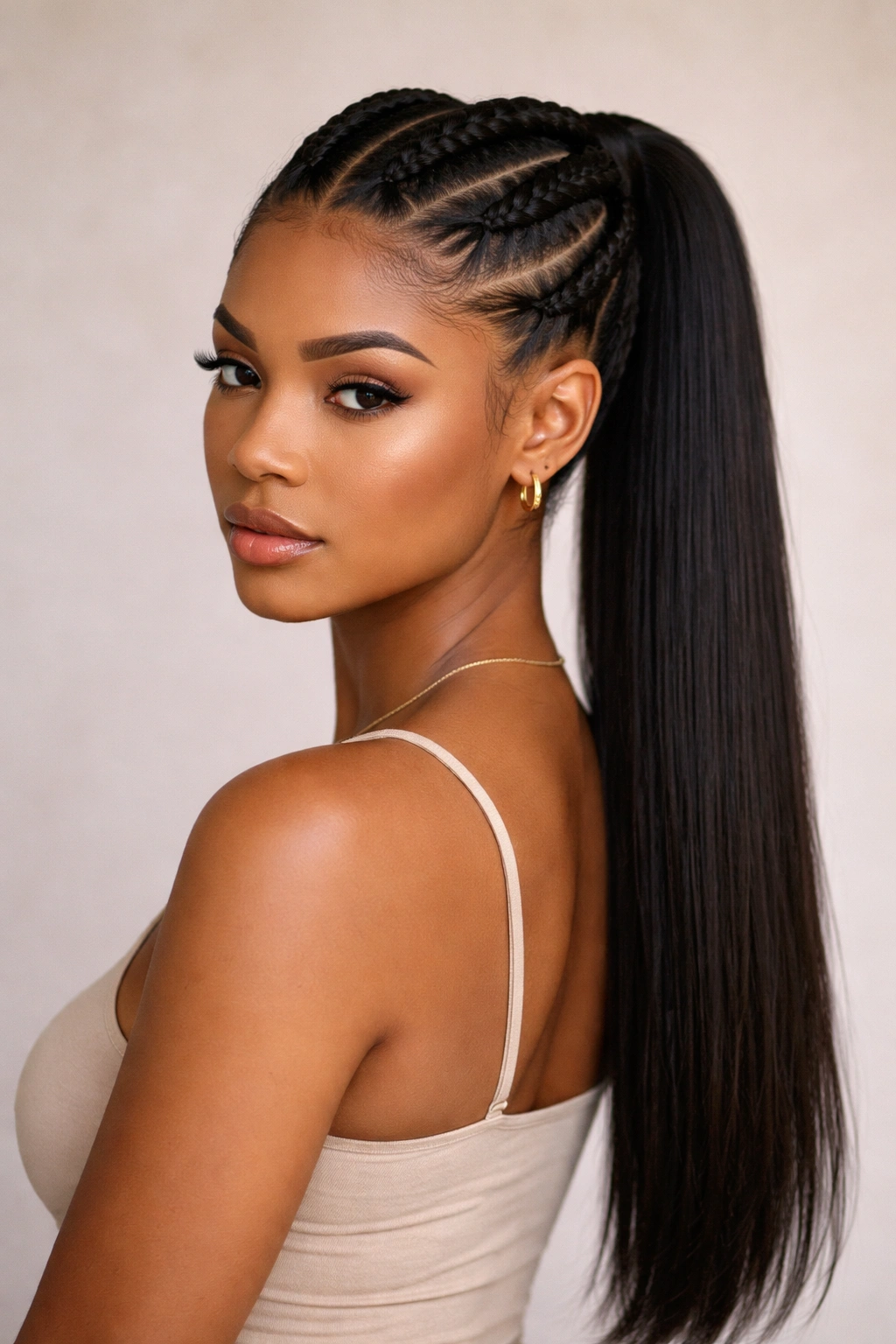 Two thick cornrows running from crown to nape feeding into a sleek straight ponytail