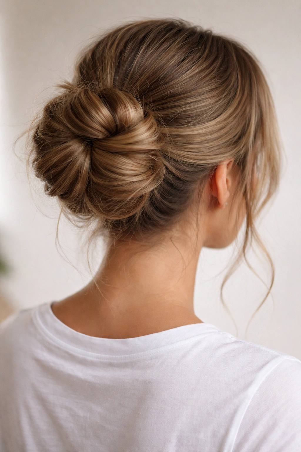 Back view of a twisted wrap-around bun with multiple wrap layers