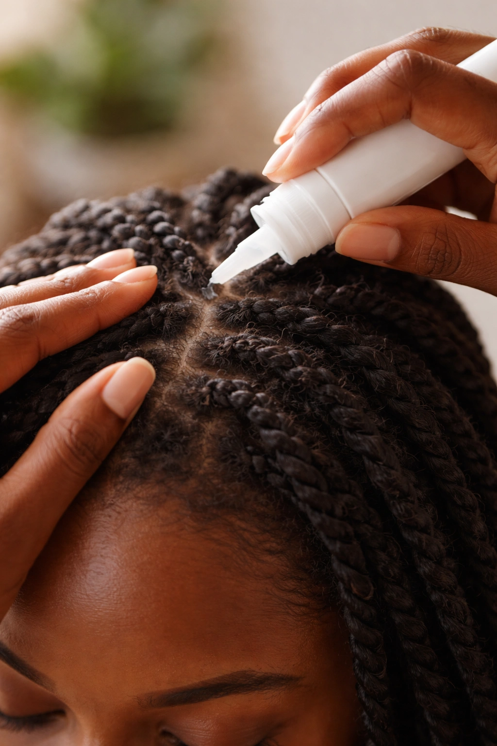 Hands applying scalp moisturizer to twists at the scalp