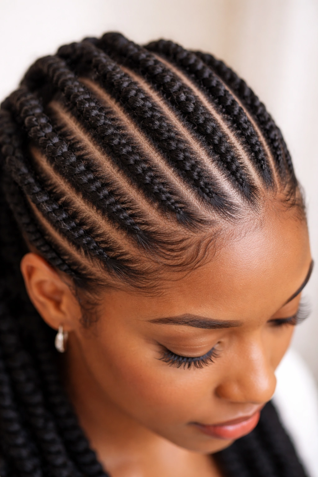 Flat twists laid flat against the scalp forming geometric patterns