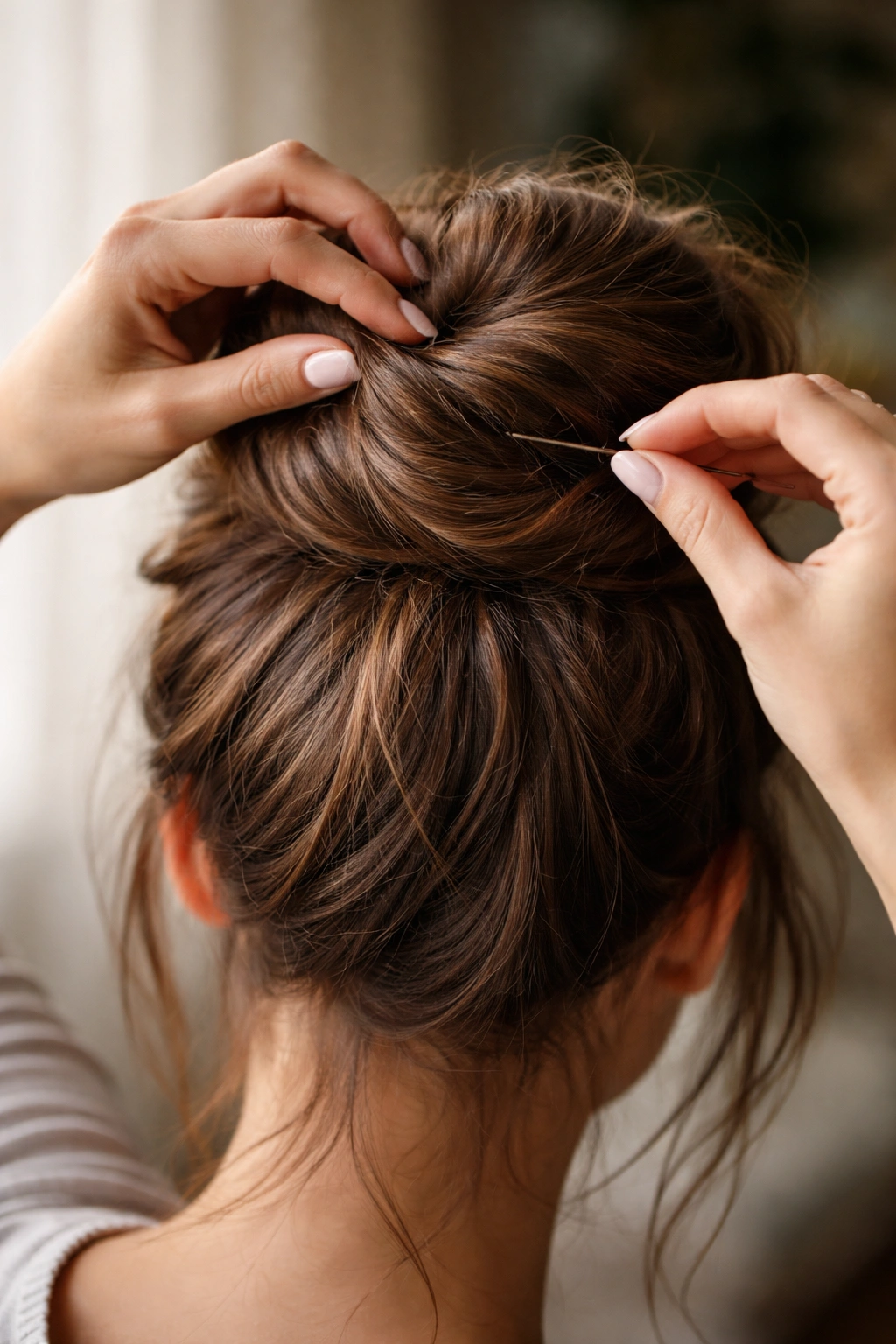 Hands twisting and pinning hair to demonstrate bun techniques