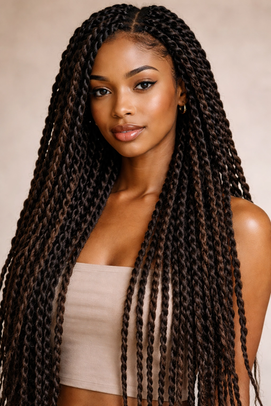 Close-up of twist-in extensions showing long, defined twists.