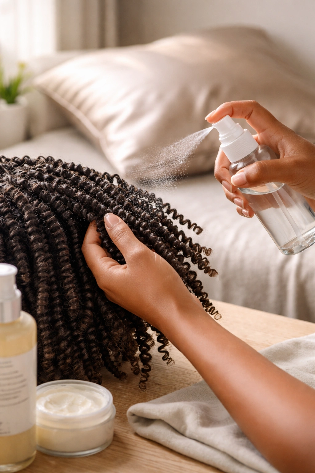 Hands applying moisture to twists during maintenance routine