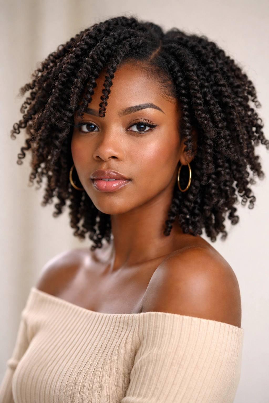 Twist-out hairstyle on 4C hair with defined curls after unraveling twists.